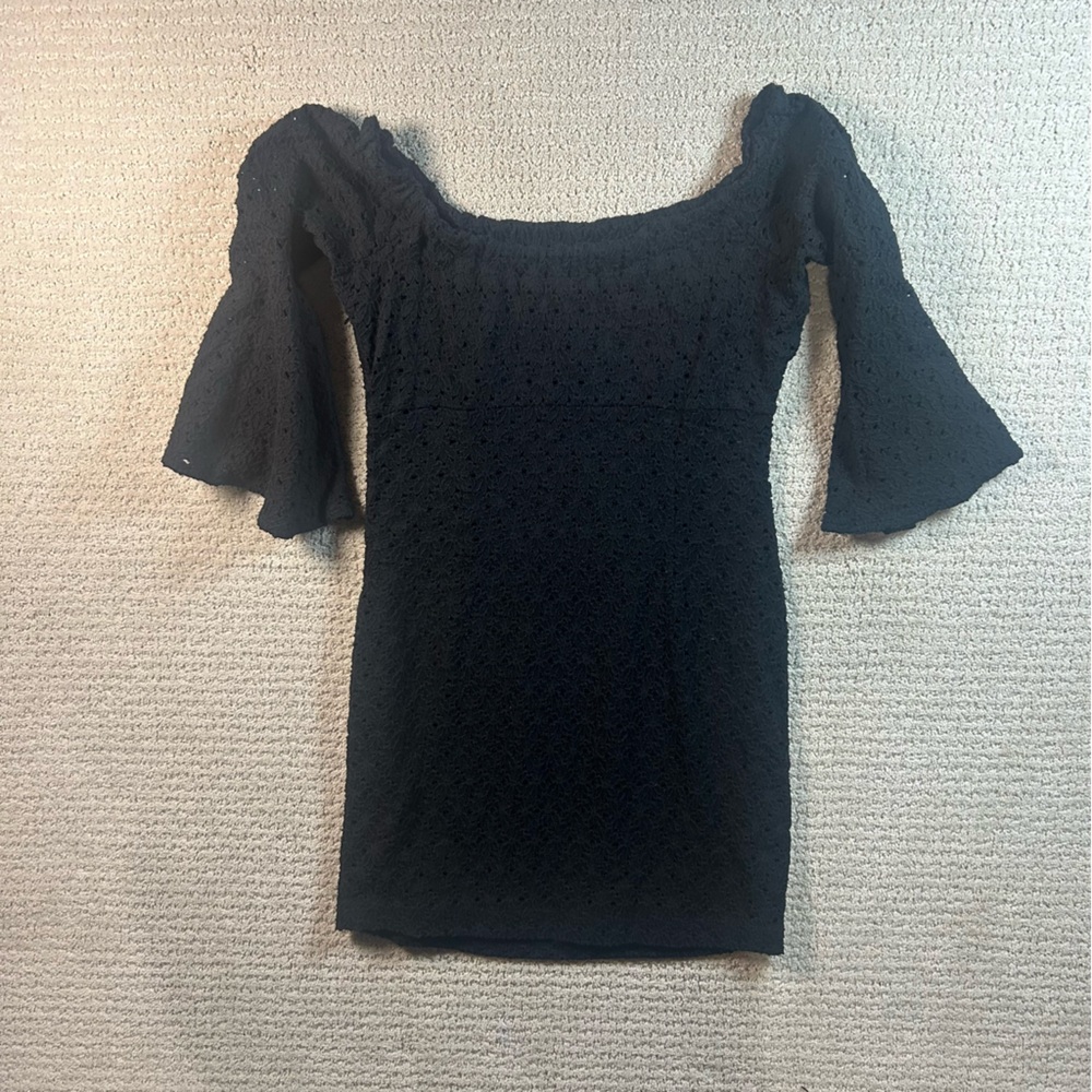 Free People Sophia M Black Eyelet Crochet Off-The-Shoulder Mini Dress, Goth Vamp - Picture 2 of 7
